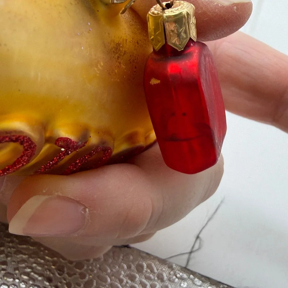 Vintage Hot Dog Glass Christmas Ornament with Ketchup Bottle Charm Red Gold
